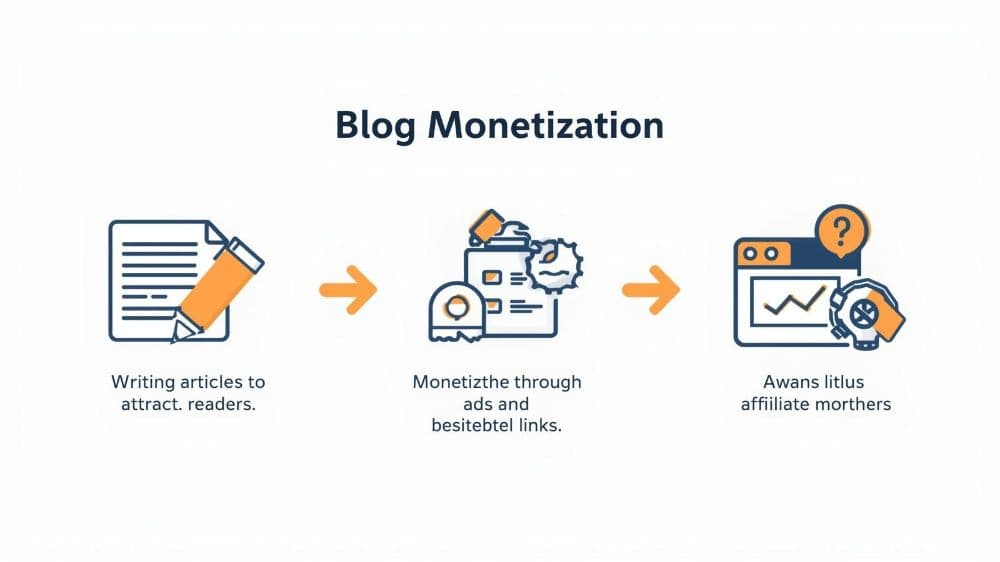 ブログで収入が得られる仕組みを示す図。記事制作からアクセス、広告やアフィリエイト収益化までの流れを表している。